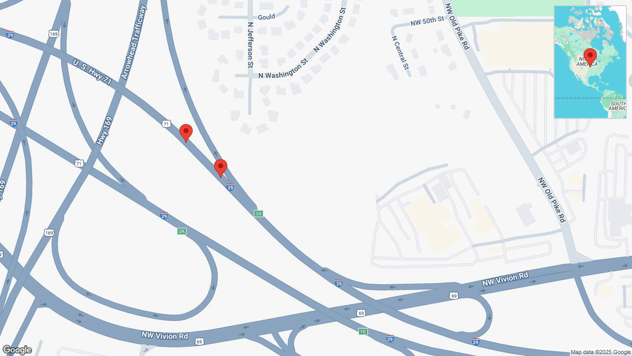 A detailed map that shows the affected road due to 'Broken down vehicle on northbound I-29 in Kansas City' on February 19th at 5:20 p.m.