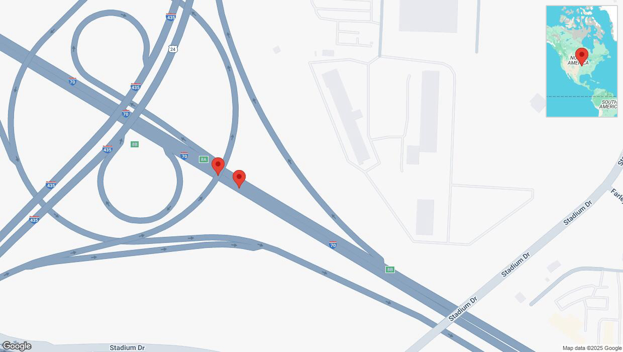 A detailed map that shows the affected road due to 'Broken down vehicle on eastbound I-70 in Kansas City' on February 19th at 3:45 p.m.