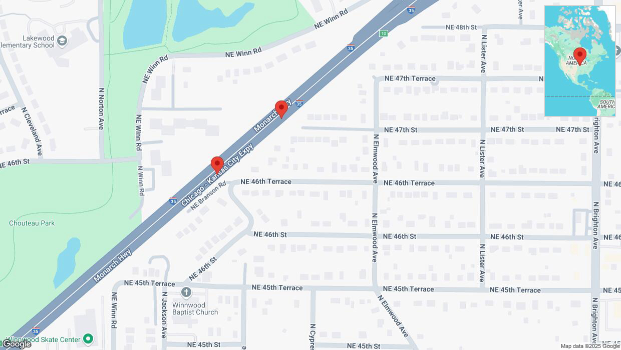 A detailed map that shows the affected road due to 'Broken down vehicle on northbound I-35 in Kansas City' on February 19th at 3:51 p.m.
