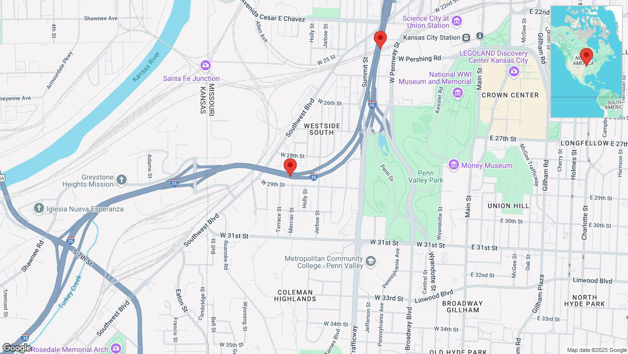 A detailed map that shows the affected road due to 'Warning in Kansas City: Crash reported on northbound I-35' on February 19th at 4:03 p.m.