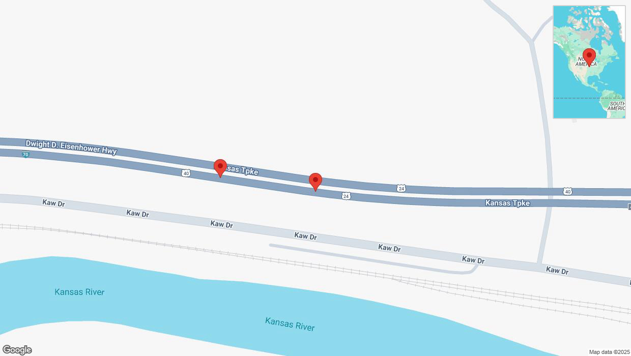 A detailed map that shows the affected road due to 'Broken down vehicle on eastbound I-70 in Kansas City' on February 19th at 4:50 p.m.