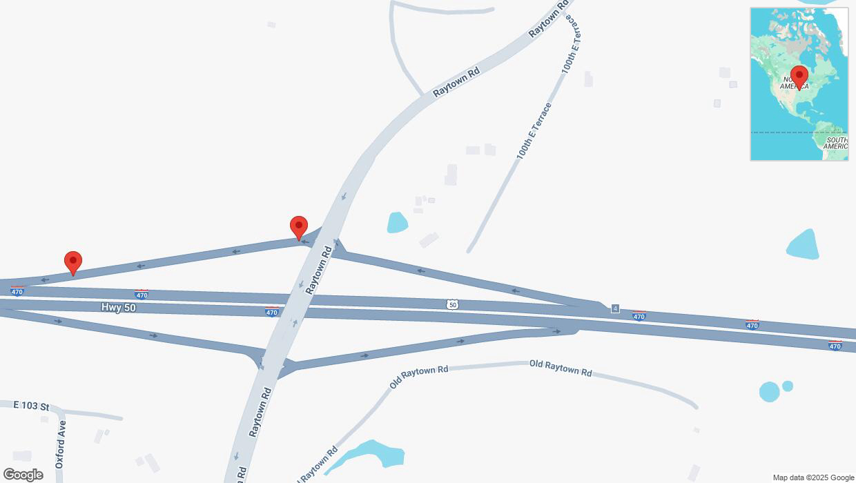 A detailed map that shows the affected road due to 'Broken down vehicle on Raytown Road in Kansas City' on February 19th at 5:38 p.m.
