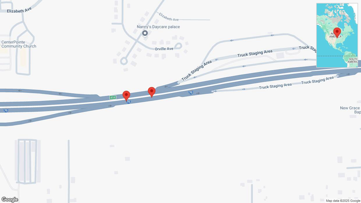 A detailed map that shows the affected road due to 'Broken down vehicle on eastbound I-70 in Kansas City' on February 19th at 5:20 p.m.