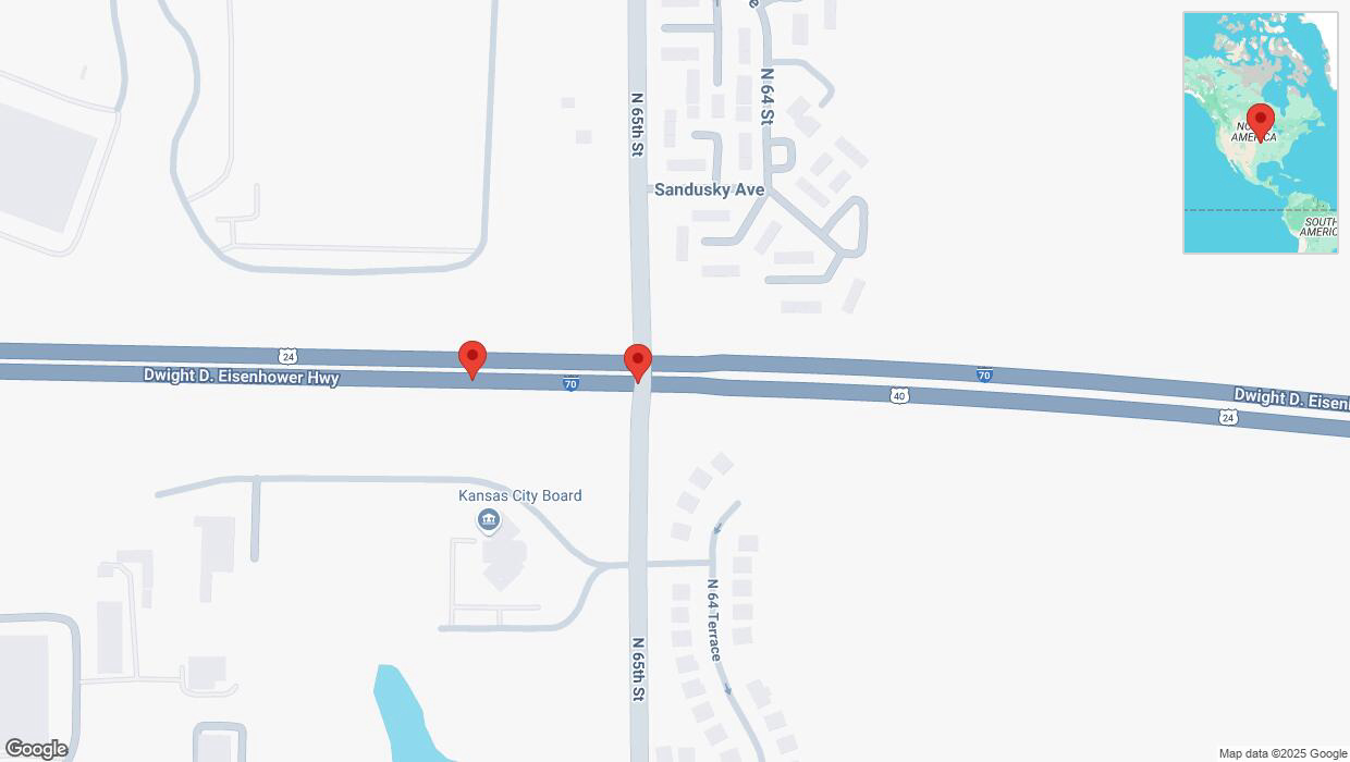 A detailed map that shows the affected road due to 'Broken down vehicle on eastbound I-70 in Kansas City' on February 19th at 5:50 p.m.