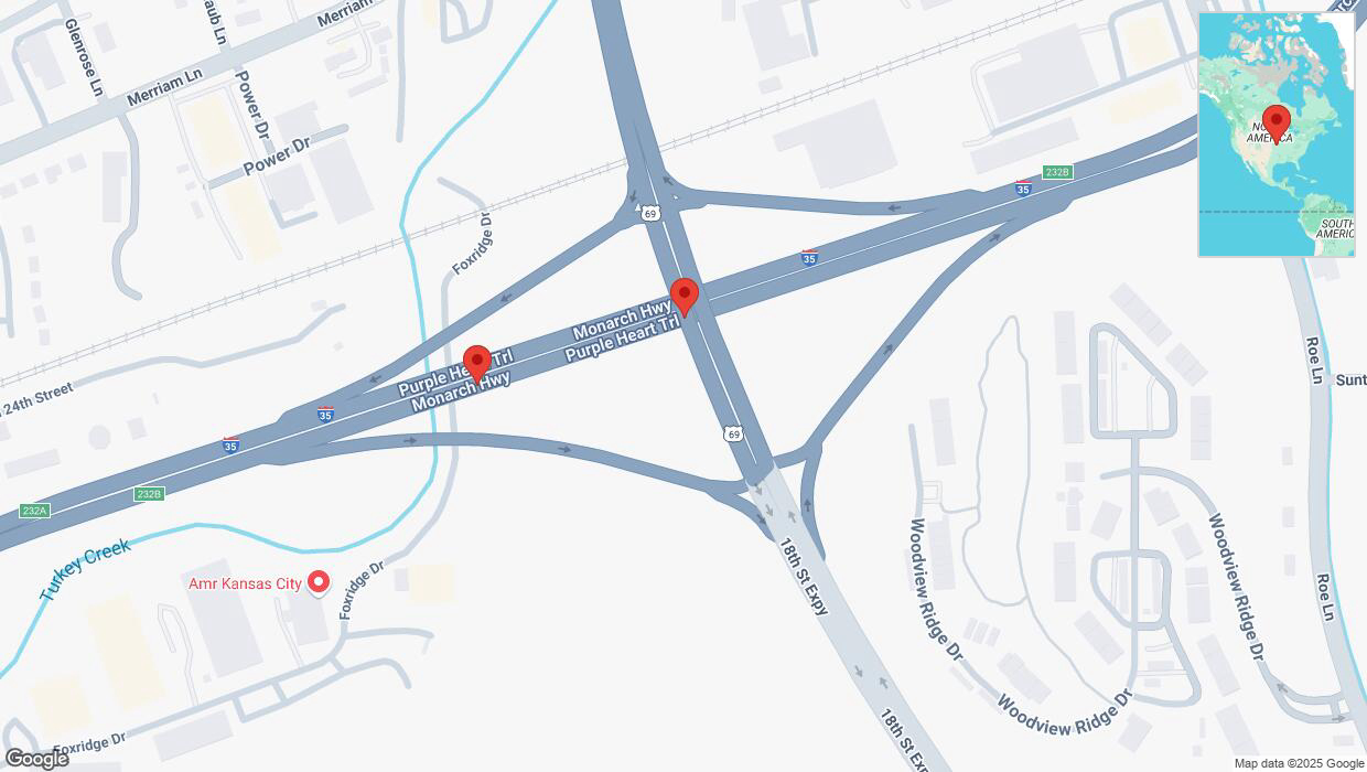 A detailed map that shows the affected road due to 'Broken down vehicle on northbound I-35 in Kansas City' on February 19th at 8:50 p.m.