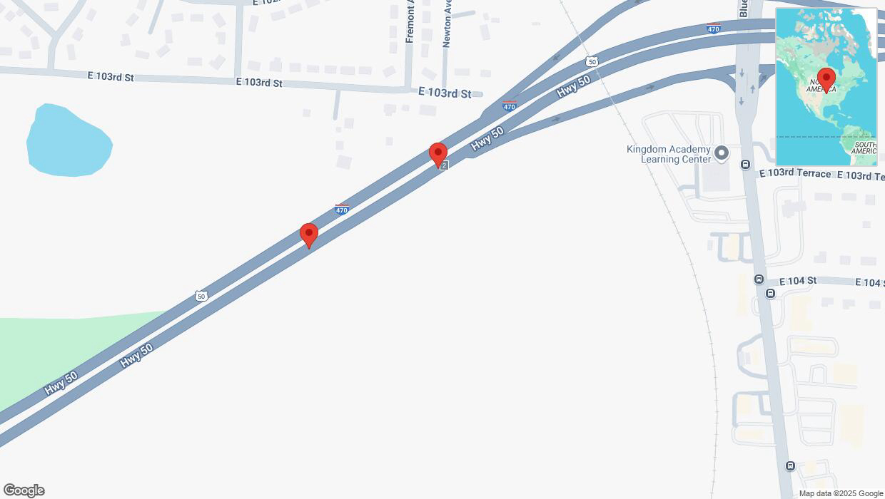 A detailed map that shows the affected road due to 'Broken down vehicle on eastbound I-470 in Kansas City' on February 19th at 6:08 p.m.