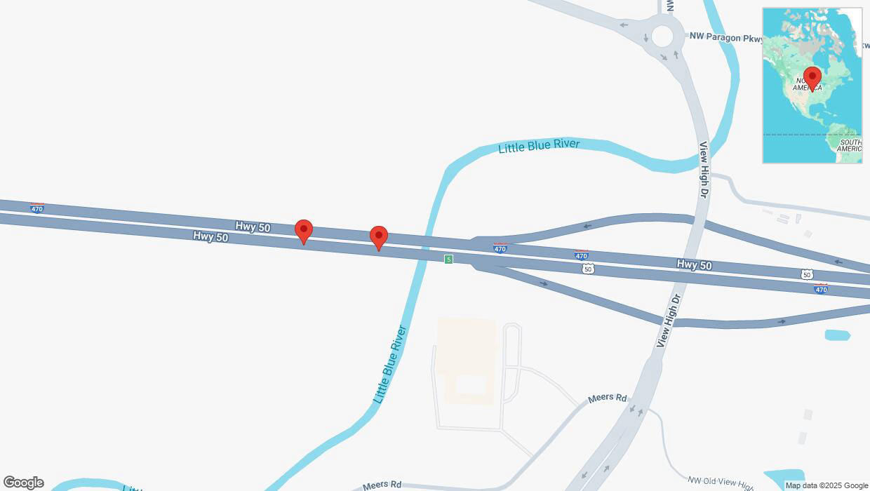 A detailed map that shows the affected road due to 'Broken down vehicle on eastbound I-470 in Kansas City' on February 19th at 7:08 p.m.