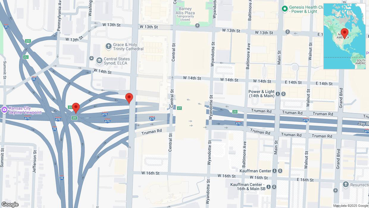 A detailed map that shows the affected road due to 'Broken down vehicle on Broadway Boulevard in Kansas City' on February 19th at 6:50 p.m.