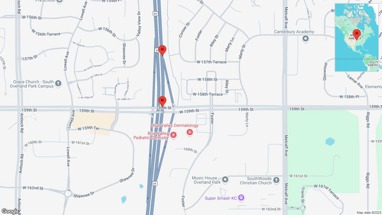 A detailed map that shows the affected road due to 'Broken down vehicle on northbound US-69 in Overland Park' on February 19th at 6:44 p.m.