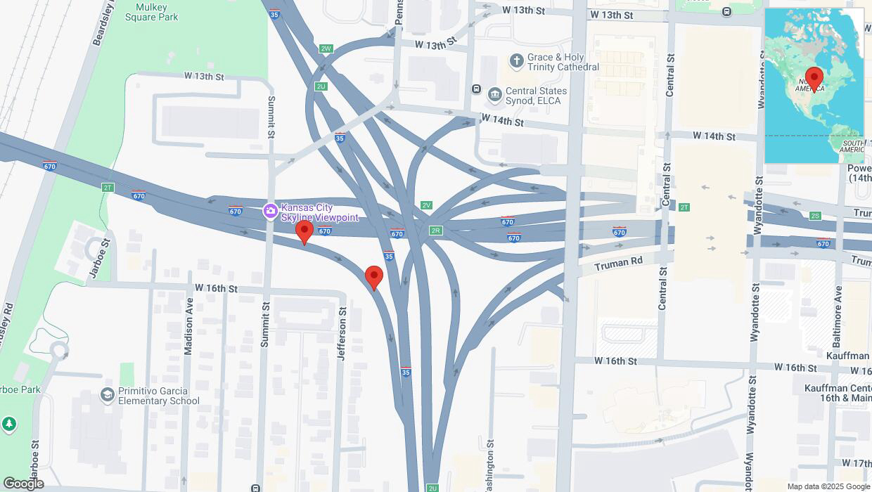 A detailed map that shows the affected road due to 'Broken down vehicle on West 16th Street in Kansas City' on February 19th at 7:08 p.m.