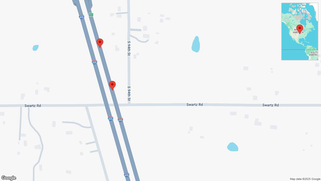 A detailed map that shows the affected road due to 'Warning in Kansas City: Crash reported on northbound I-435' on February 19th at 10:02 p.m.