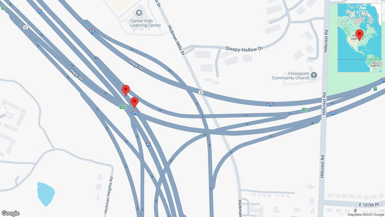 A detailed map that shows the affected road due to 'Broken down vehicle on northbound I-40/US-71 in Kansas City' on February 19th at 10:44 p.m.