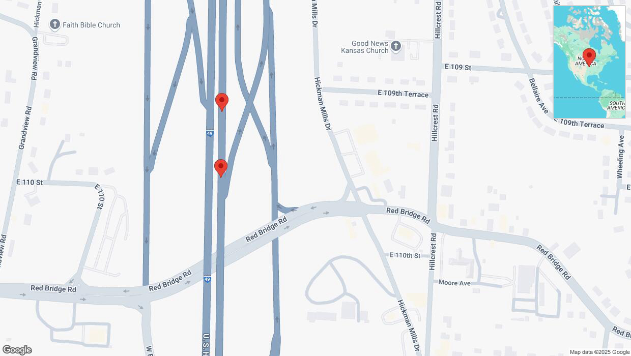 A detailed map that shows the affected road due to 'Broken down vehicle on northbound I-40/US-71 in Kansas City' on February 19th at 11:36 p.m.