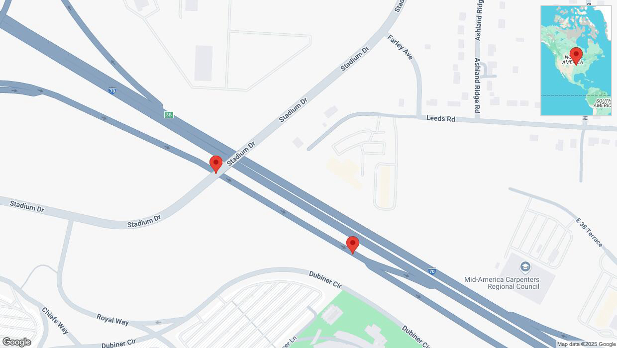 A detailed map that shows the affected road due to 'Broken down vehicle on Stadium Drive in Kansas City' on February 19th at 11:36 p.m.