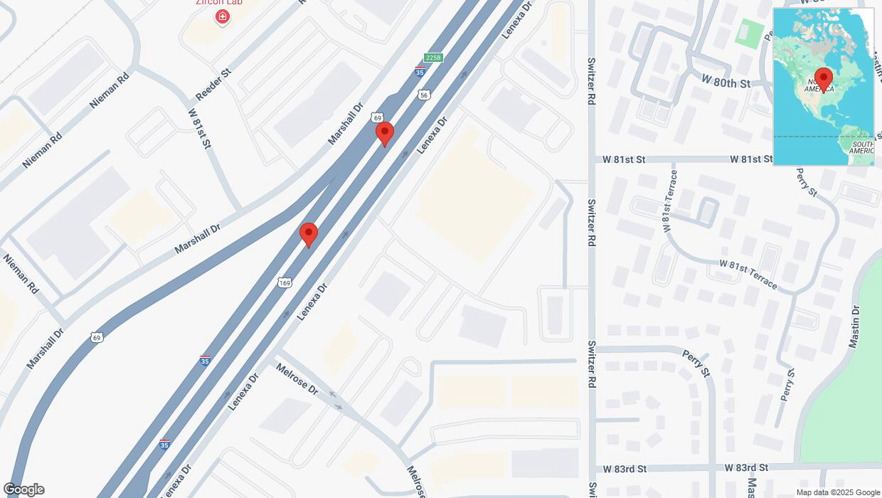 A detailed map that shows the affected road due to 'Broken down vehicle on eastbound I-35 in Overland Park' on February 21st at 3:21 p.m.