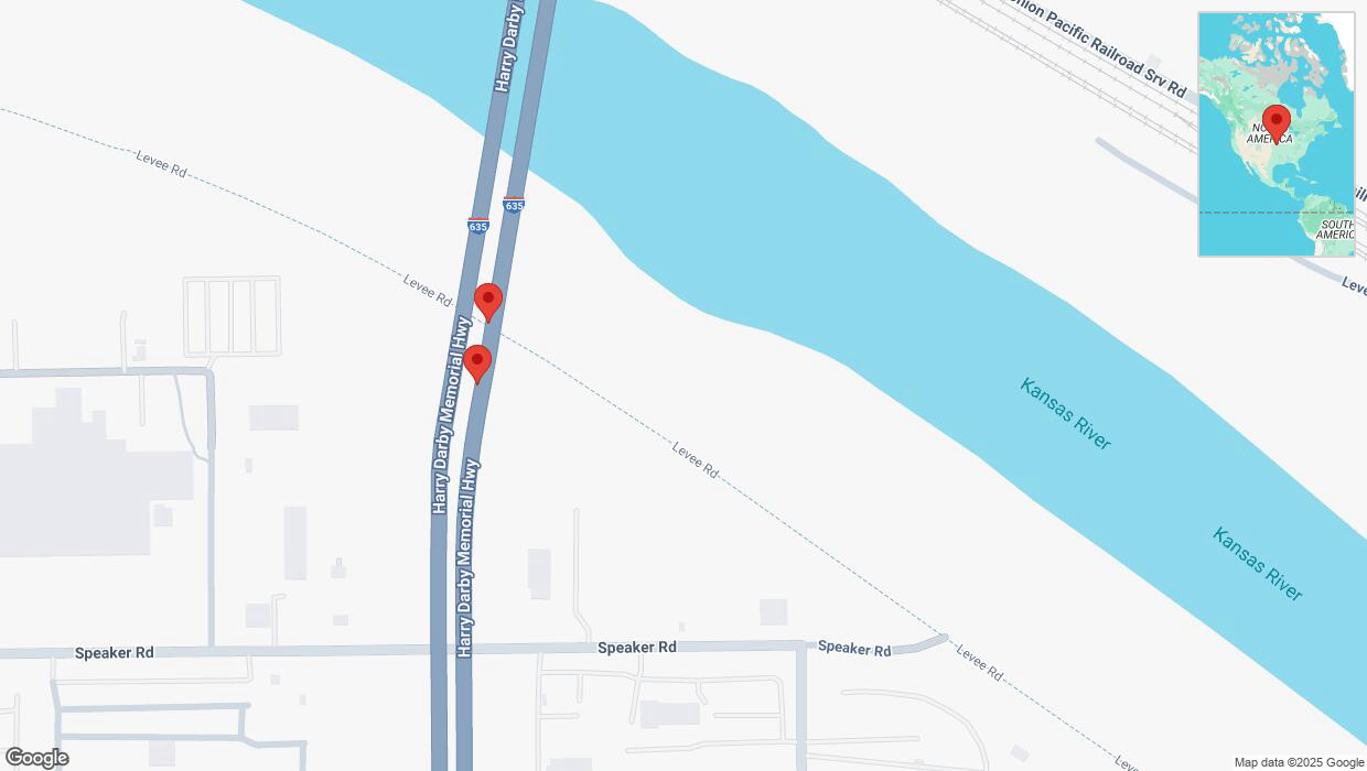 A detailed map that shows the affected road due to 'Broken down vehicle on northbound I-635 in Kansas City' on February 20th at 8:19 p.m.