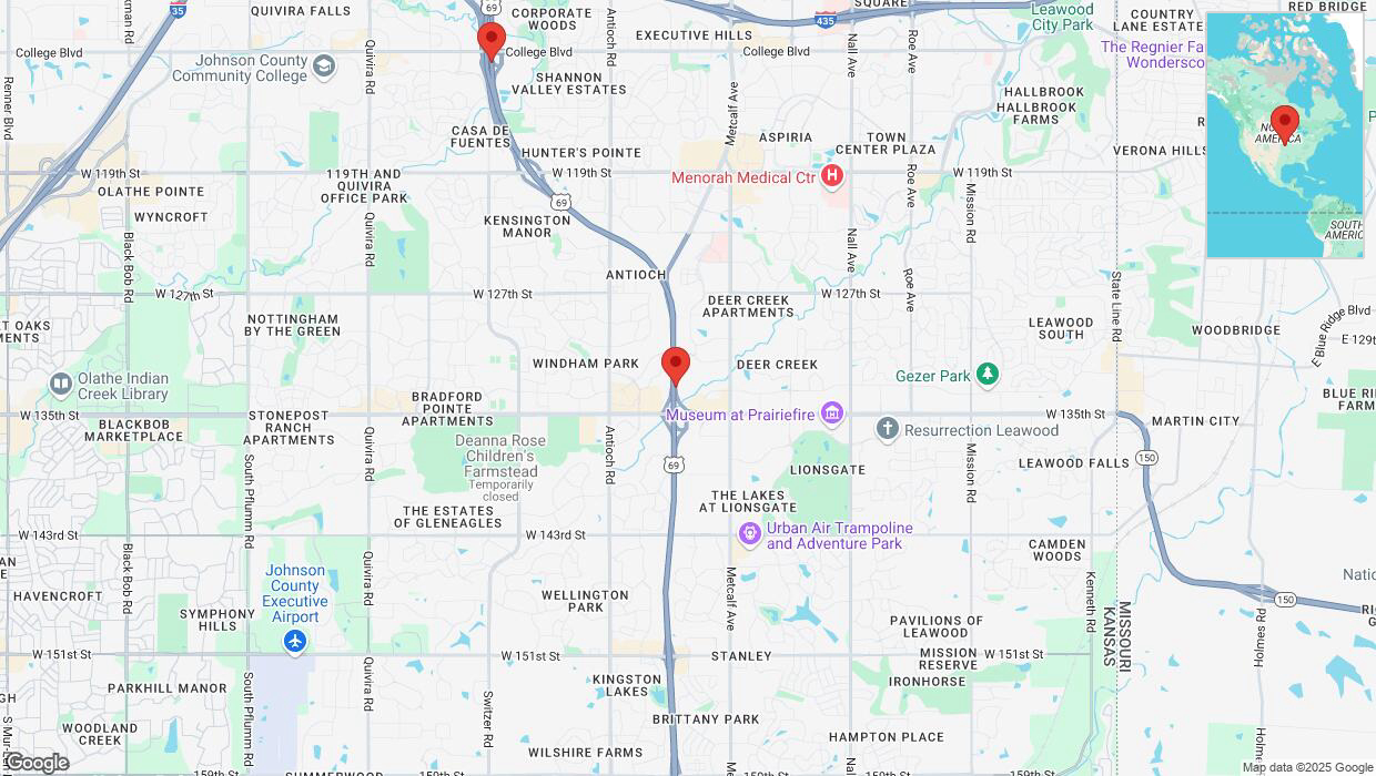 A detailed map that shows the affected road due to 'Lane on US-69 closed in Overland Park' on February 22nd at 3 p.m.
