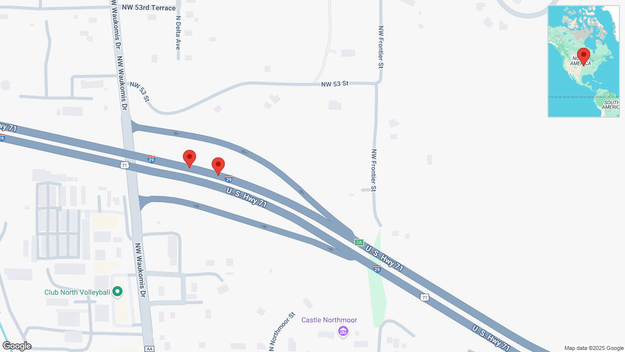 A detailed map that shows the affected road due to 'Broken down vehicle on northbound I-29 in Kansas City' on February 20th at 1:33 p.m.