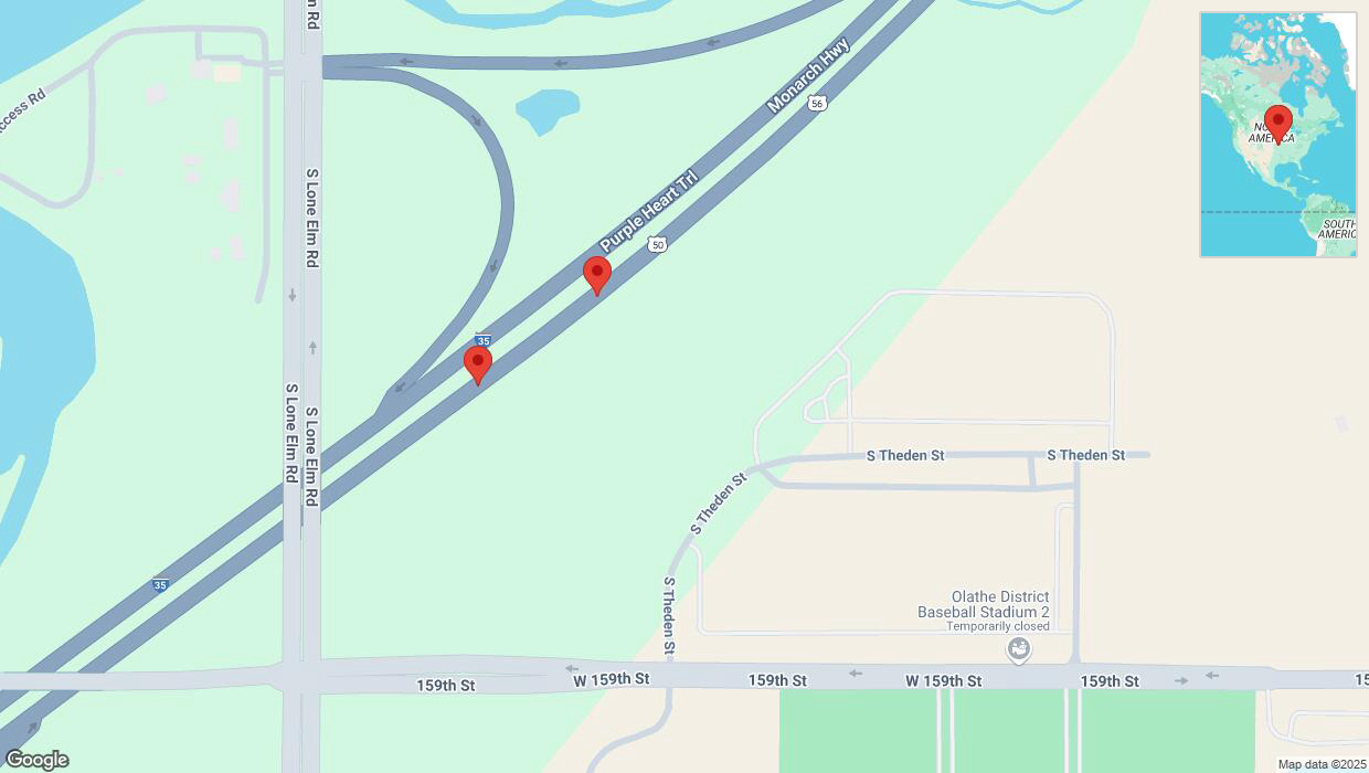 A detailed map that shows the affected road due to 'Broken down vehicle on eastbound I-35 in Olathe' on February 20th at 2:09 p.m.