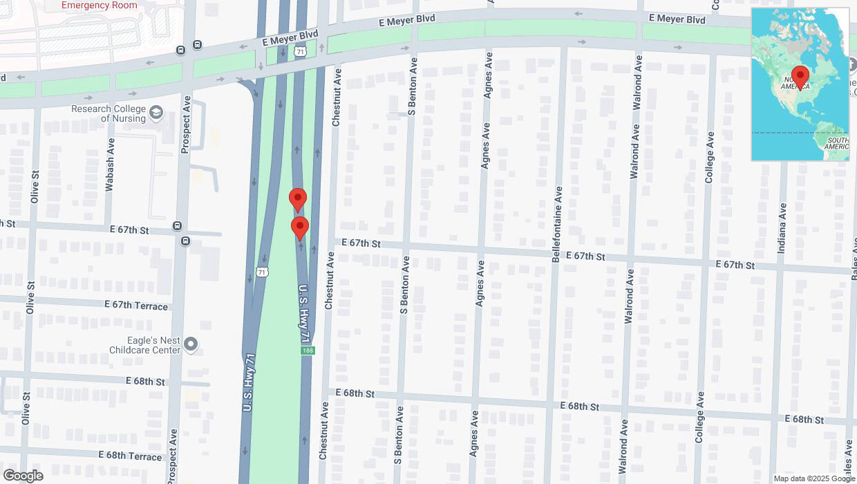 A detailed map that shows the affected road due to 'Broken down vehicle on northbound the Bruce R Watkins Expressway/US-71 in Kansas City' on February 20th at 3:33 p.m.