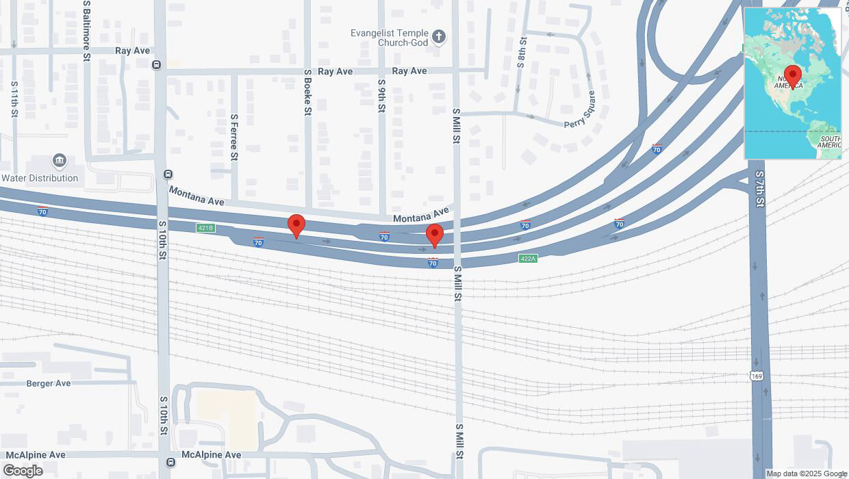 A detailed map that shows the affected road due to 'Broken down vehicle on eastbound I-670 East in Kansas City' on February 20th at 3:39 p.m.