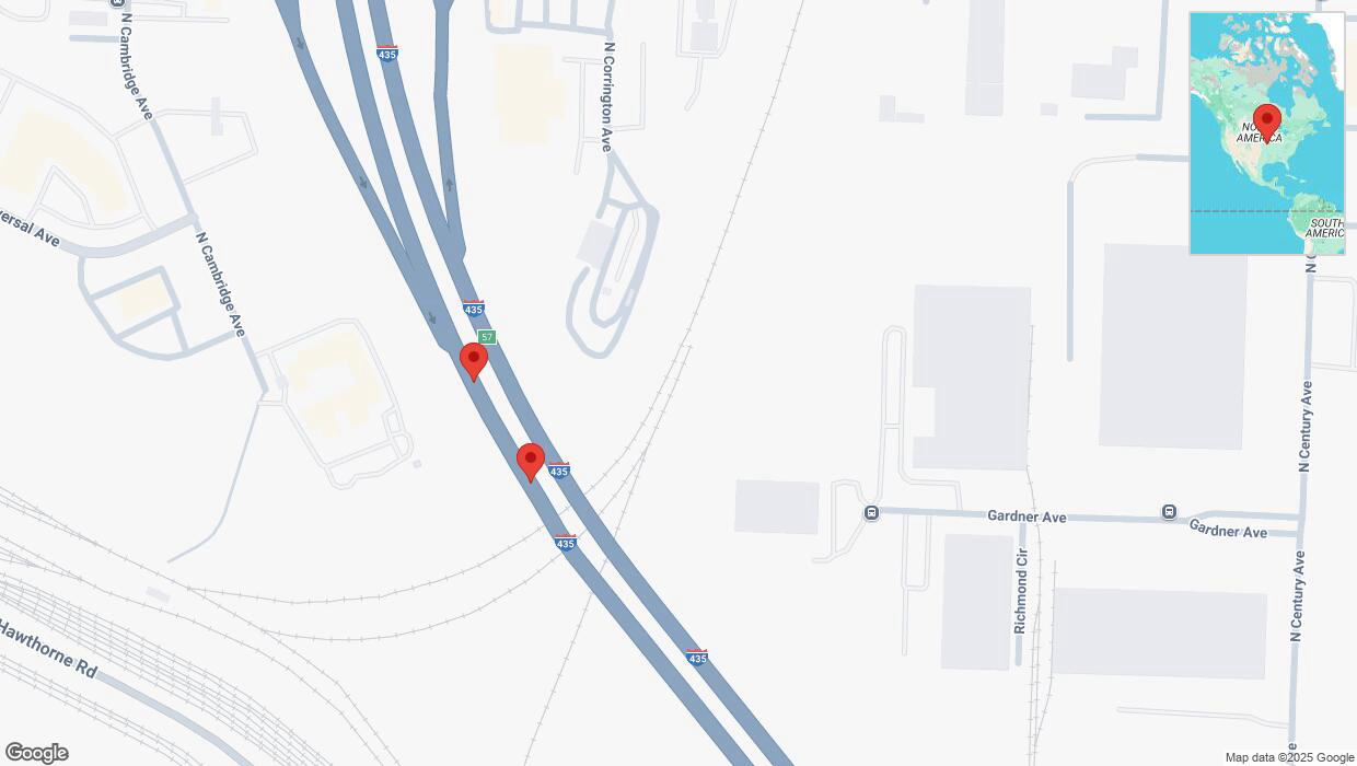 A detailed map that shows the affected road due to 'Broken down vehicle on southbound I-435 in Kansas City' on February 20th at 4:20 p.m.