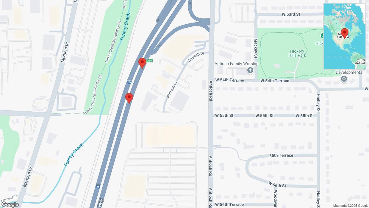 A detailed map that shows the affected road due to 'Broken down vehicle on northbound I-35 in Mission' on February 20th at 5:02 p.m.