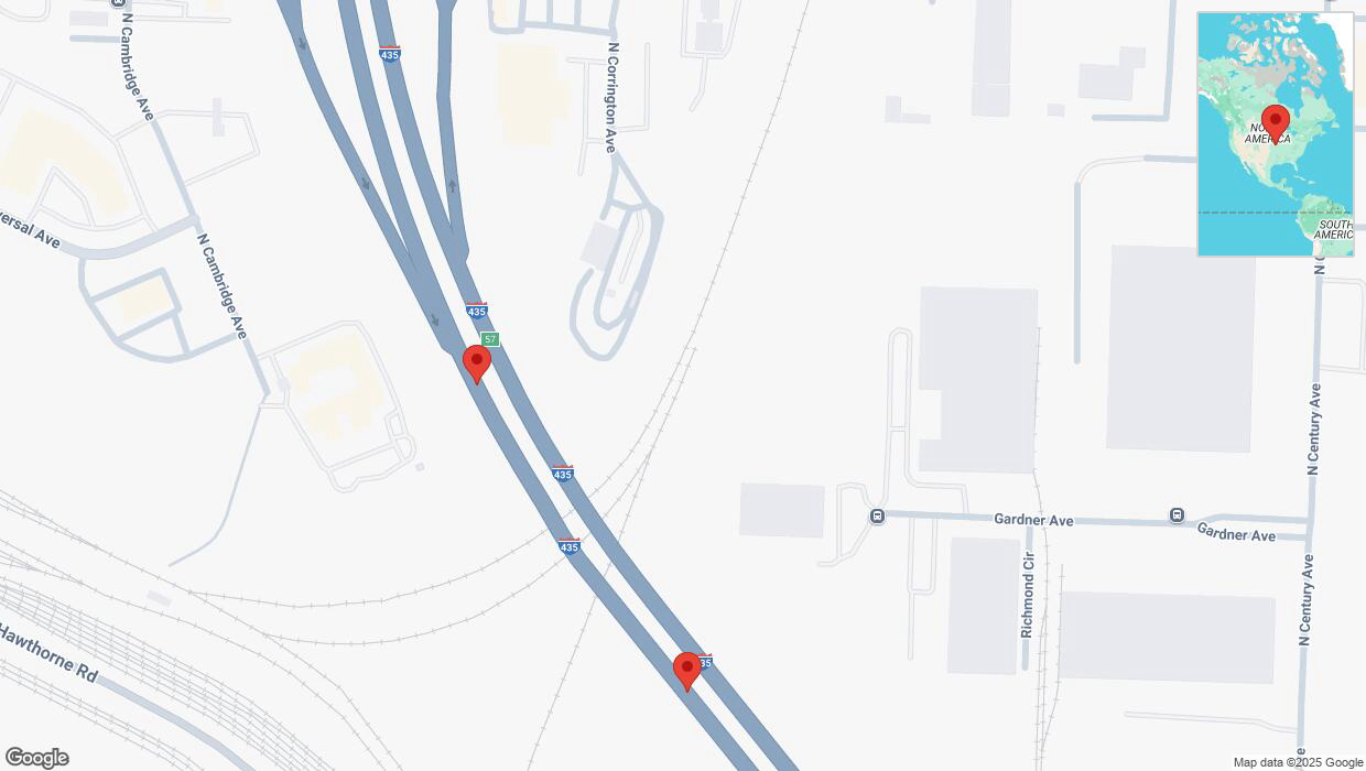 A detailed map that shows the affected road due to 'Broken down vehicle on southbound I-435 in Kansas City' on February 20th at 4:26 p.m.