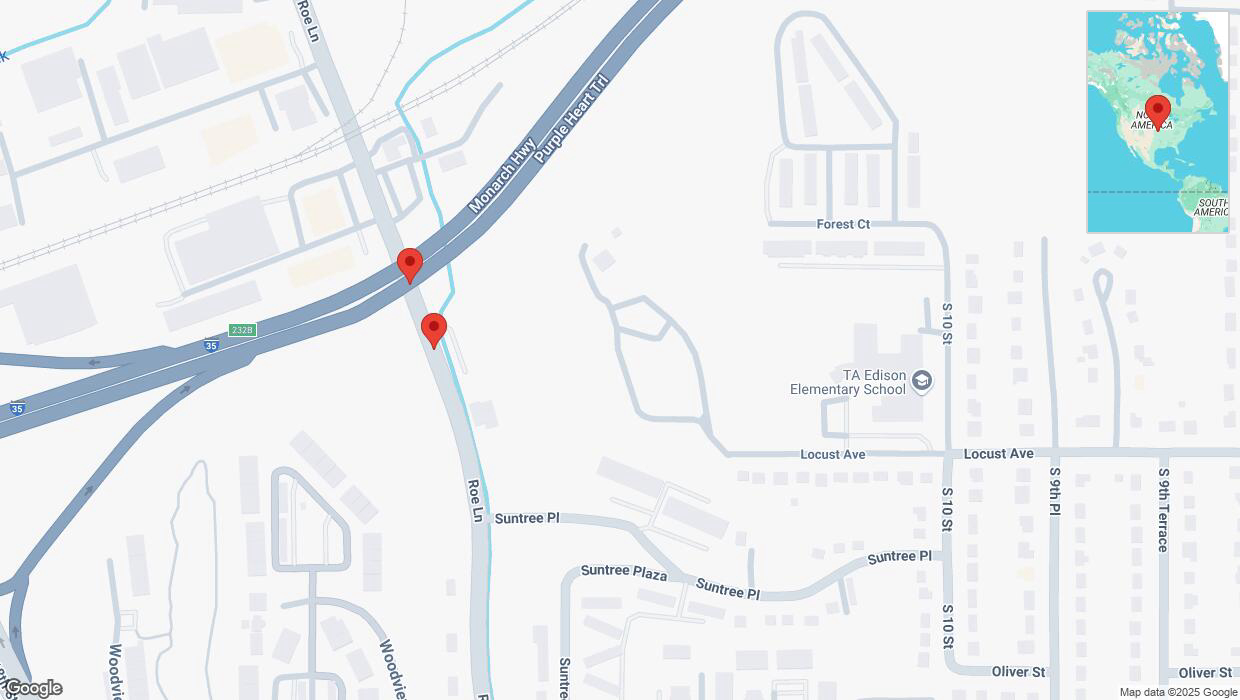 A detailed map that shows the affected road due to 'Broken down vehicle on Roe Lane in Kansas City' on February 20th at 5:02 p.m.