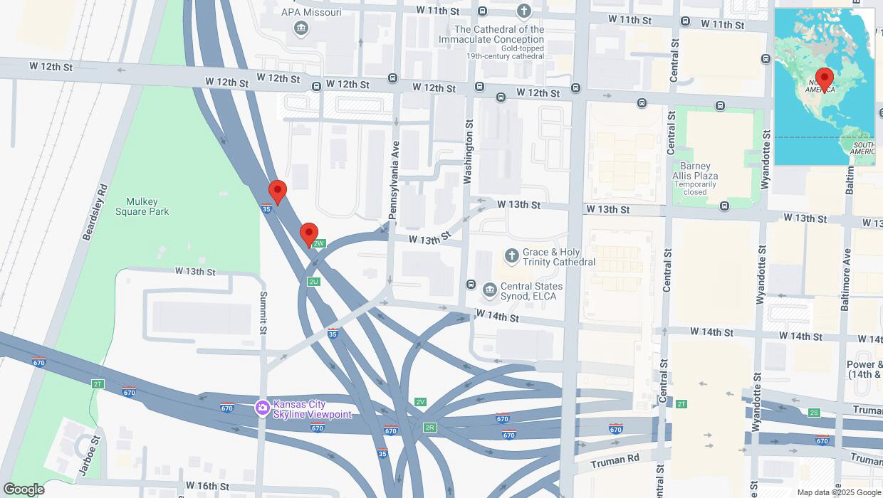 A detailed map that shows the affected road due to 'Broken down vehicle on northbound I-35 in Kansas City' on February 20th at 5:02 p.m.