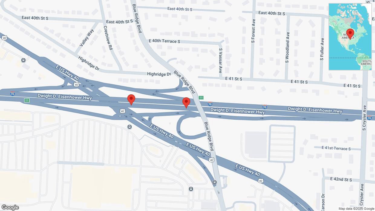 A detailed map that shows the affected road due to 'Broken down vehicle on eastbound I-70 in Independence' on February 20th at 5:08 p.m.