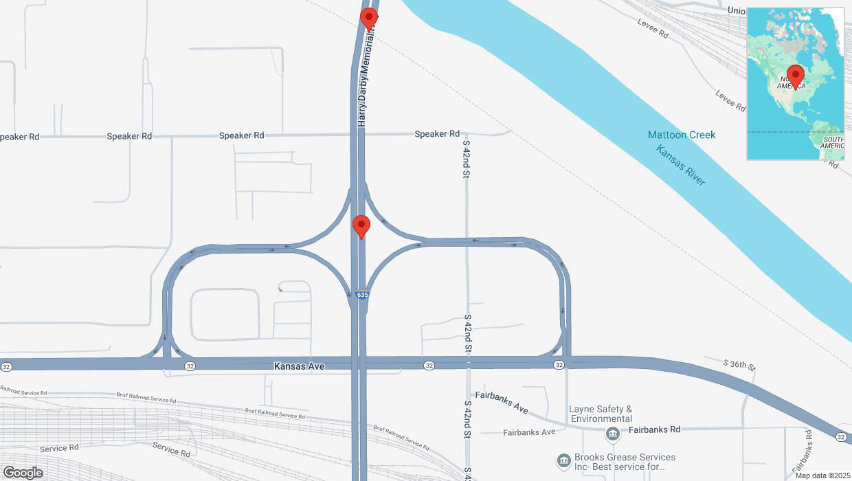 A detailed map that shows the affected road due to 'Broken down vehicle on northbound I-635 in Kansas City' on February 20th at 7:08 p.m.
