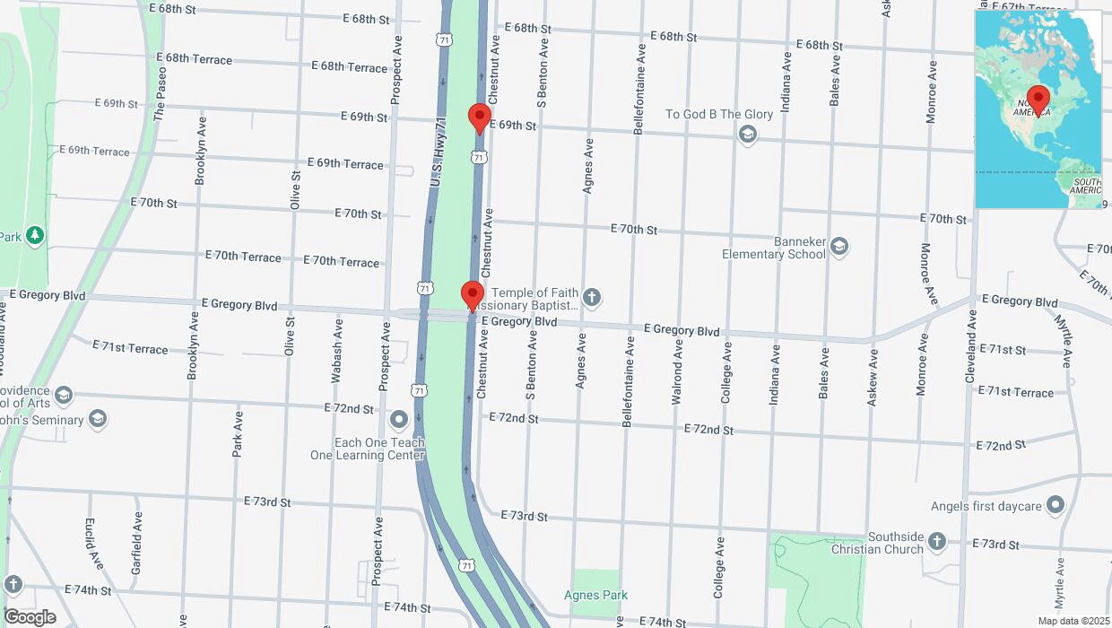 A detailed map that shows the affected road due to 'Broken down vehicle on northbound the Bruce R Watkins Expressway/US-71 in Kansas City' on February 20th at 6:38 p.m.