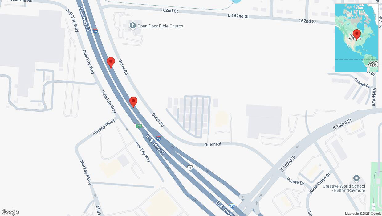 A detailed map that shows the affected road due to 'Broken down vehicle on northbound I-40/US-71 in Belton' on February 20th at 8:25 p.m.
