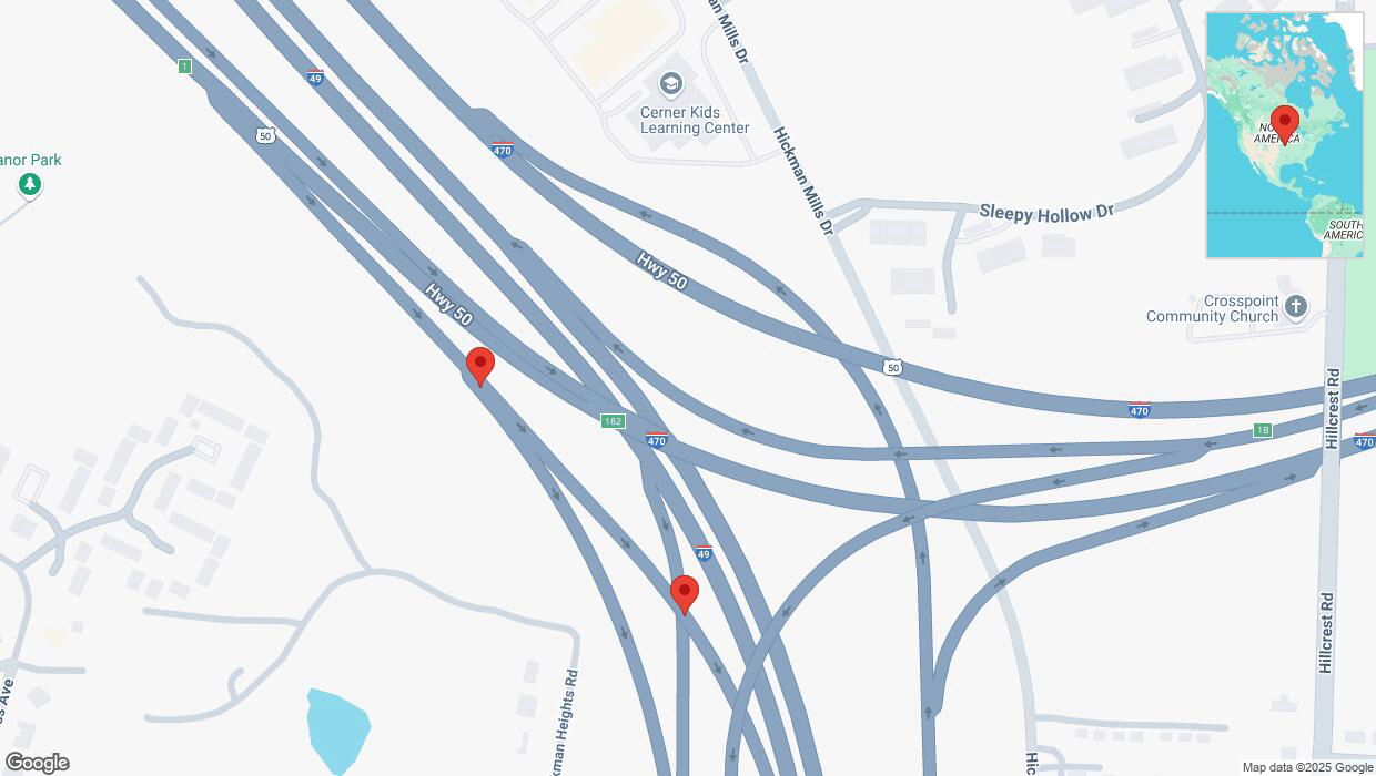 A detailed map that shows the affected road due to 'Broken down vehicle on U.S. 50 in Kansas City' on February 20th at 7:50 p.m.