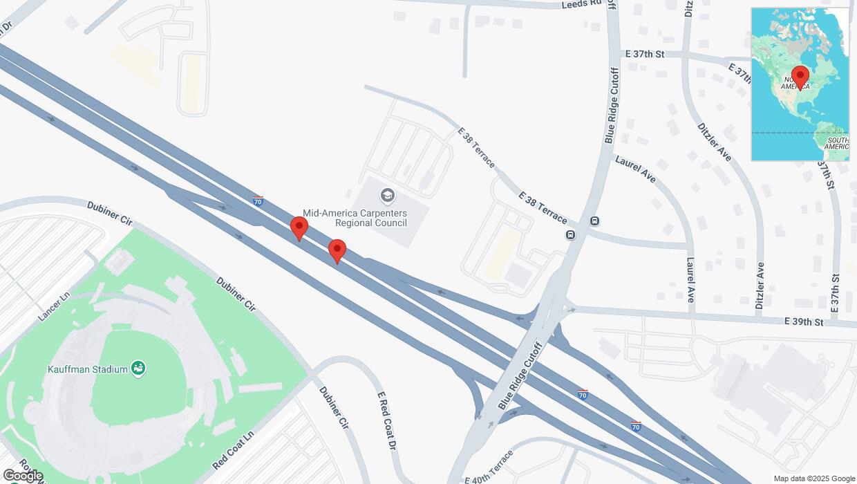 A detailed map that shows the affected road due to 'Broken down vehicle on eastbound I-70 in Kansas City' on February 20th at 8:43 p.m.