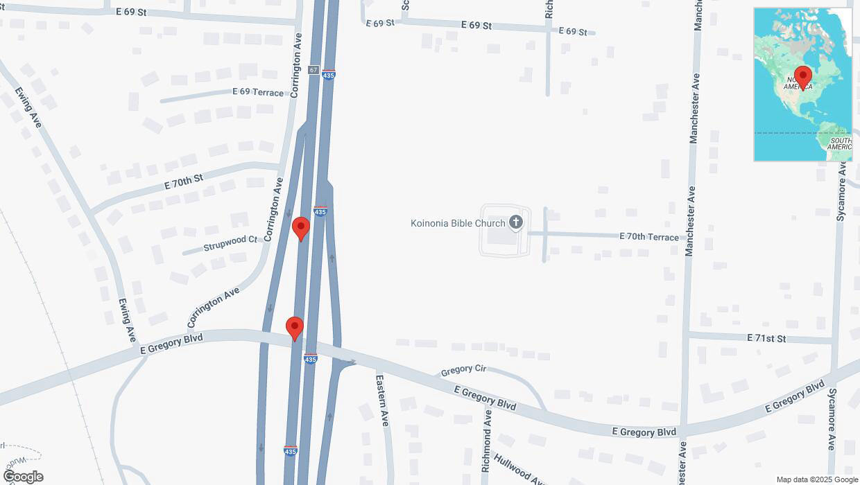 A detailed map that shows the affected road due to 'Broken down vehicle on southbound I-435 in Kansas City' on February 21st at 1:26 p.m.