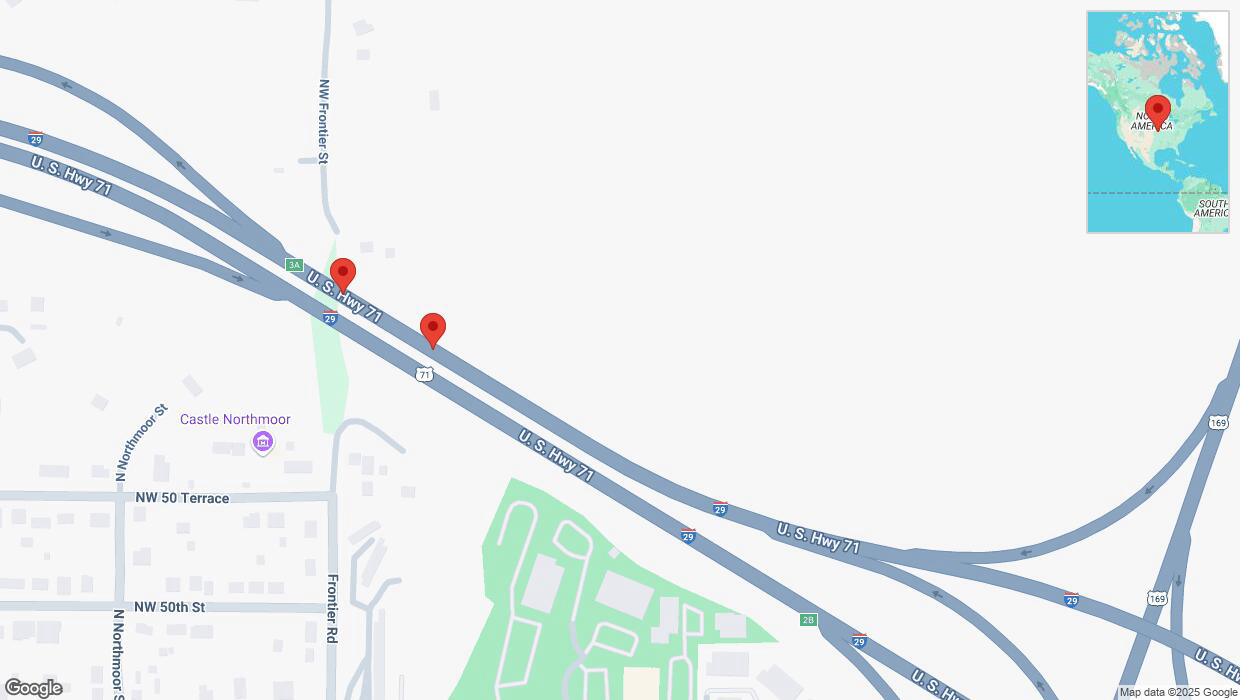 A detailed map that shows the affected road due to 'Broken down vehicle on northbound I-29 in Kansas City' on February 21st at 12:13 p.m.