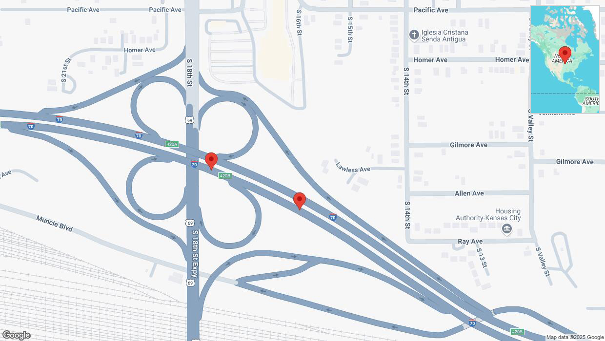 A detailed map that shows the affected road due to 'Broken down vehicle on eastbound I-70 in Kansas City' on February 21st at 12:07 p.m.