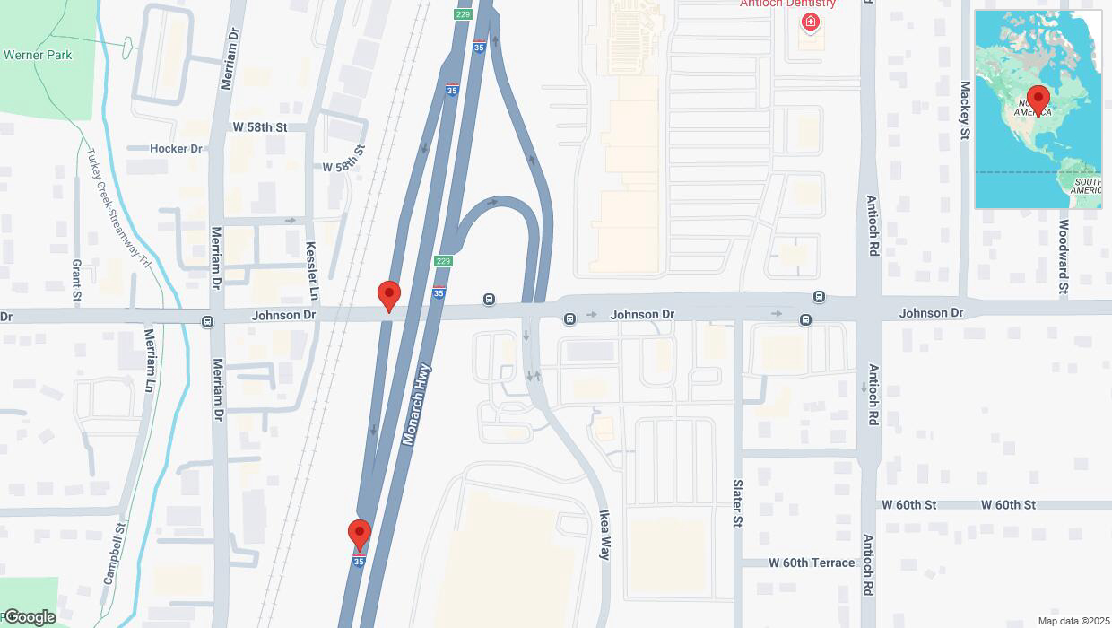 A detailed map that shows the affected road due to 'Broken down vehicle on Interstate 35 in Merriam' on February 21st at 1:44 p.m.