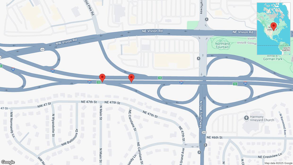A detailed map that shows the affected road due to 'Broken down vehicle on southbound I-29 in Kansas City' on February 21st at 12:52 p.m.