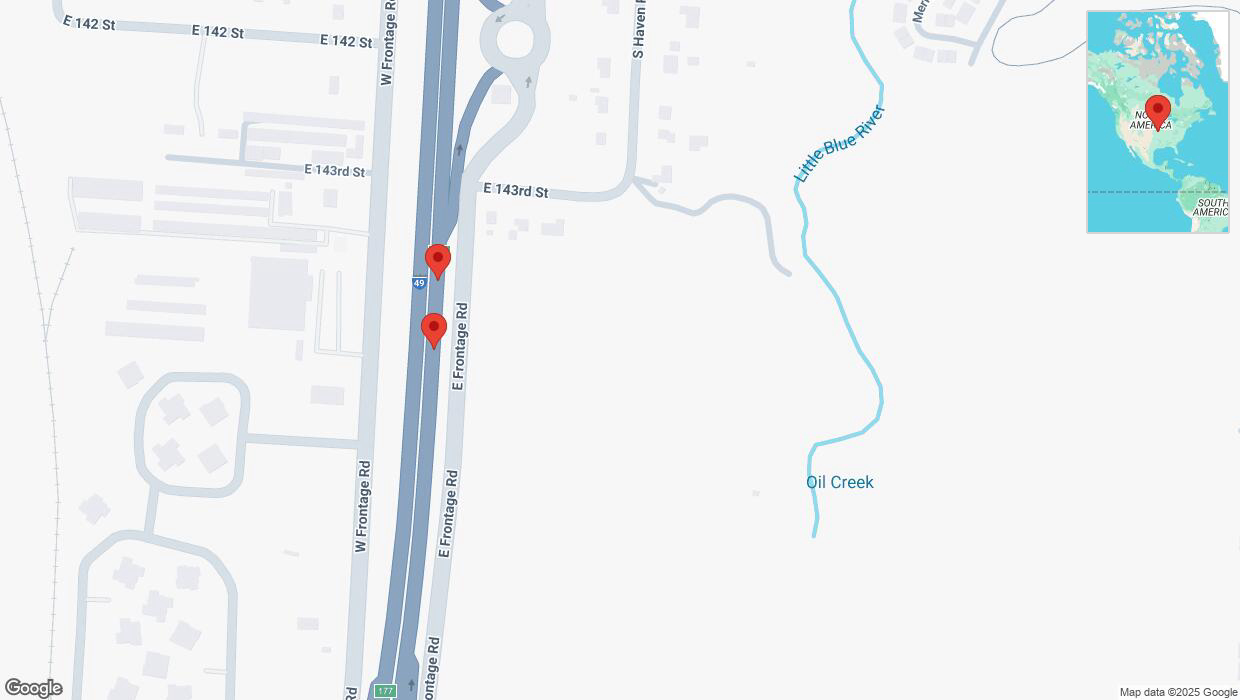 A detailed map that shows the affected road due to 'Broken down vehicle on northbound I-40/US-71 in Kansas City' on February 21st at 2:01 p.m.
