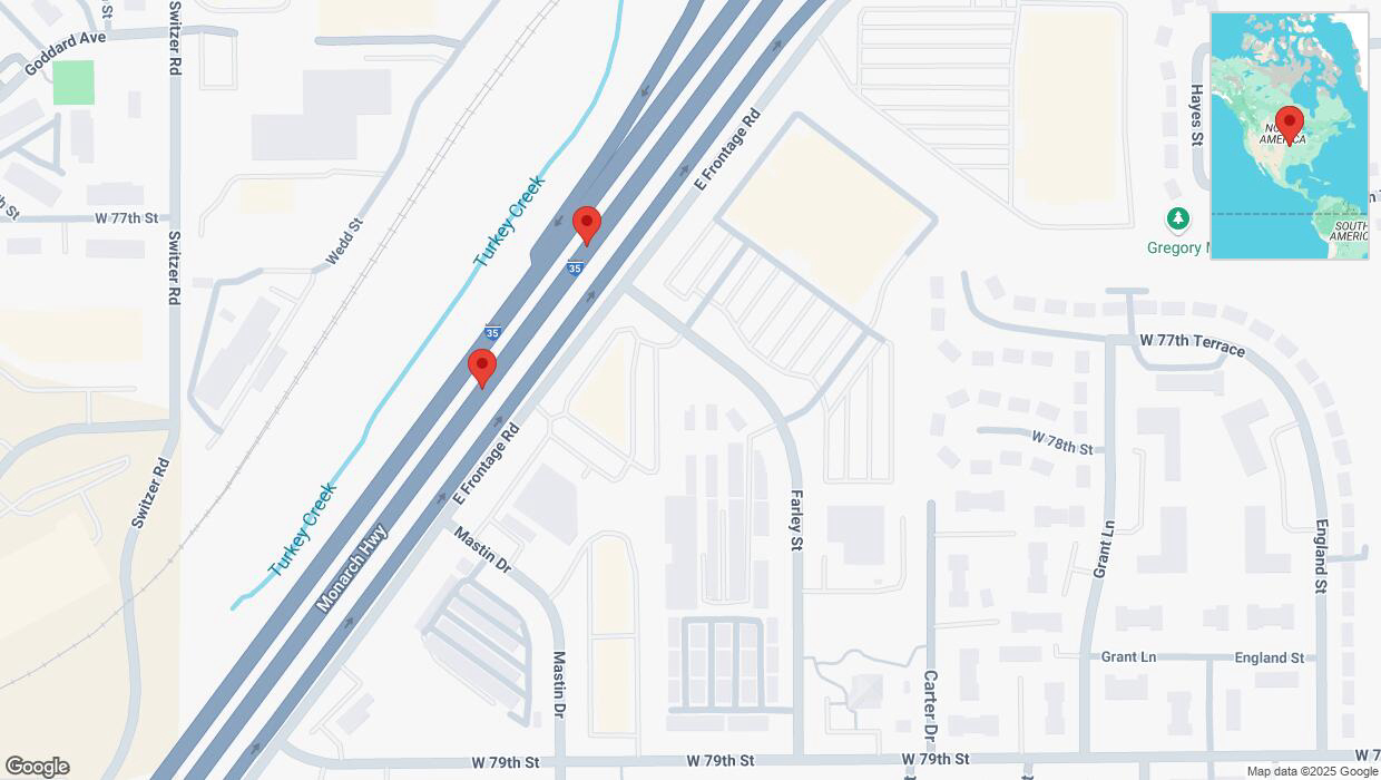A detailed map that shows the affected road due to 'Broken down vehicle on eastbound I-35 in Overland Park' on February 21st at 4:47 p.m.