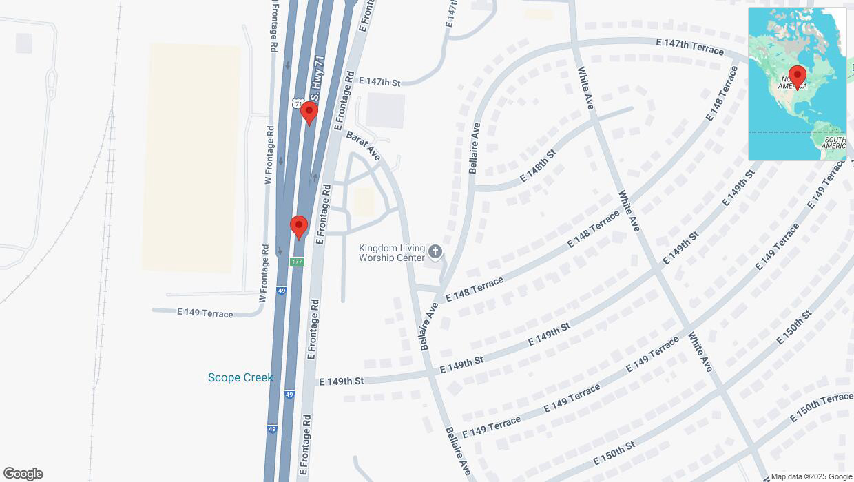 A detailed map that shows the affected road due to 'Warning: Crash on northbound I-40/US-71 in Grandview' on February 21st at 7:29 p.m.