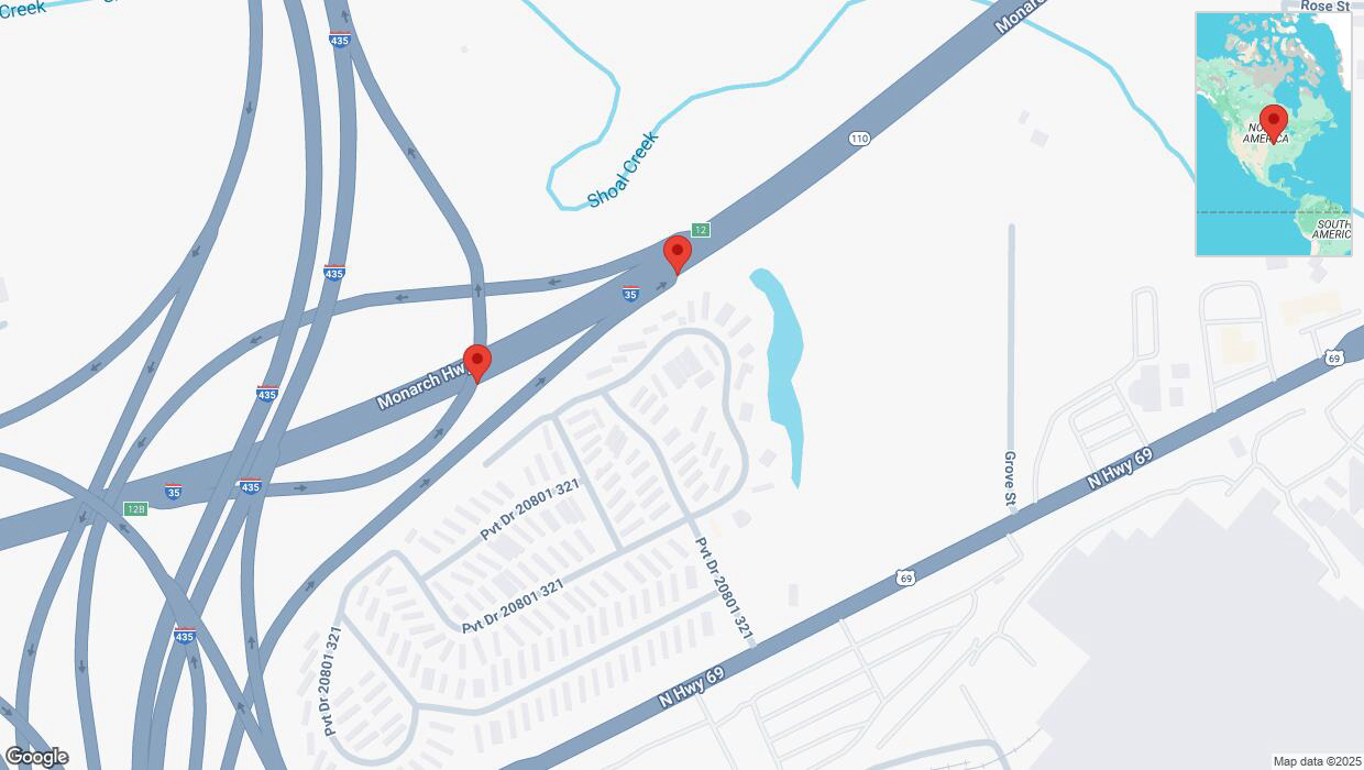 A detailed map that shows the affected road due to 'Broken down vehicle on northbound I-35 in Liberty' on February 21st at 4:24 p.m.