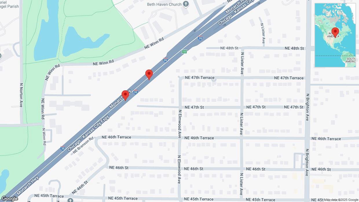 A detailed map that shows the affected road due to 'Broken down vehicle on northbound I-35 in Kansas City' on February 21st at 5:08 p.m.