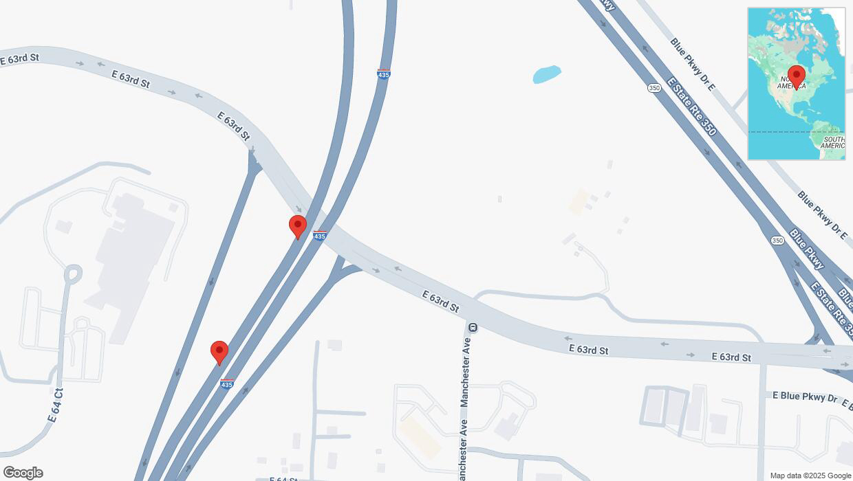 A detailed map that shows the affected road due to 'Broken down vehicle on southbound I-435 in Kansas City' on February 21st at 4:58 p.m.