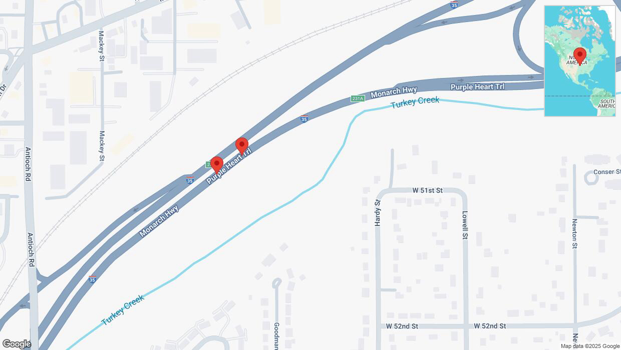 A detailed map that shows the affected road due to 'Broken down vehicle on northbound I-35 in Overland Park' on February 21st at 5:42 p.m.