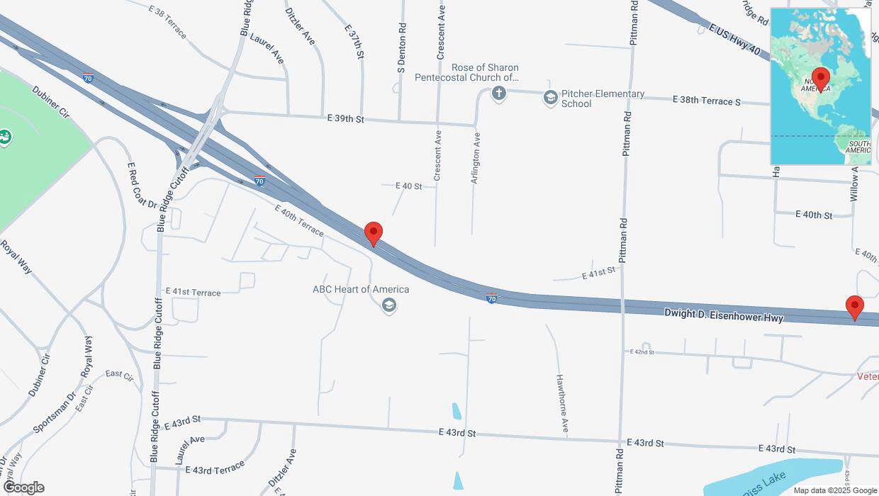 A detailed map that shows the affected road due to 'A crash has been reported on eastbound I-70' on February 21st at 5:25 p.m.