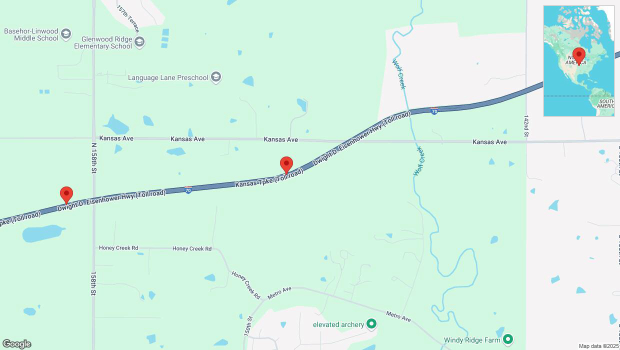A detailed map that shows the affected road due to 'Incident on westbound I-70 in Tonganoxie' on February 21st at 5:42 p.m.